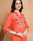 Solid Rayon Slub Kurta Set with Kashmiri Embroidery