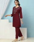 Solid Straight Viscose Rayon Kurta with Ethnic Embroidery & Palazzo