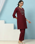Solid Straight Viscose Rayon Kurta with Ethnic Embroidery & Palazzo