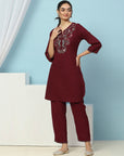 Solid Straight Viscose Rayon Kurta with Ethnic Embroidery & Palazzo