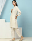 Solid Straight Cotton Kurta Set with Thread Embroidery & Schiffli Lace