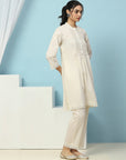 Solid Straight Cotton Kurta Set with Thread Embroidery & Schiffli Lace