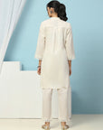 Solid Straight Cotton Kurta Set with Thread Embroidery & Schiffli Lace