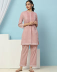 Solid Straight Cotton Kurta Set with Thread Embroidery & Schiffli Lace