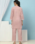 Solid Straight Cotton Kurta Set with Thread Embroidery & Schiffli Lace