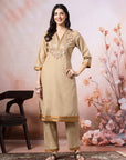 Cotton V-Neck Kurta Set with Paisley Embroidery & Contrast Accents