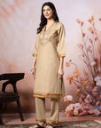 Cotton V-Neck Kurta Set with Paisley Embroidery & Contrast Accents