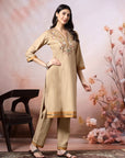 Cotton V-Neck Kurta Set with Paisley Embroidery & Contrast Accents