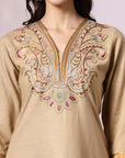 Cotton V-Neck Kurta Set with Paisley Embroidery & Contrast Accents