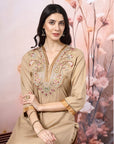 Cotton V-Neck Kurta Set with Paisley Embroidery & Contrast Accents