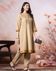 Cotton V-Neck Kurta Set with Paisley Embroidery & Contrast Accents
