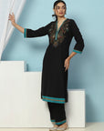 V-Neck Cotton Kurta Set with Paisley Embroidery & Contrast Patch Accents