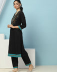 V-Neck Cotton Kurta Set with Paisley Embroidery & Contrast Patch Accents