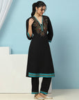 V-Neck Cotton Kurta Set with Paisley Embroidery & Contrast Patch Accents