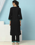 V-Neck Cotton Kurta Set with Paisley Embroidery & Contrast Patch Accents