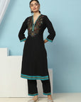 V-Neck Cotton Kurta Set with Paisley Embroidery & Contrast Patch Accents