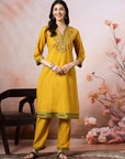V-Neck Cotton Kurta Set with Paisley Embroidery & Contrast Patch Accents