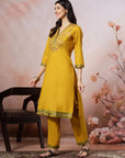 V-Neck Cotton Kurta Set with Paisley Embroidery & Contrast Patch Accents