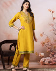 V-Neck Cotton Kurta Set with Paisley Embroidery & Contrast Patch Accents