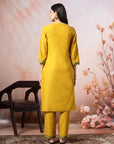V-Neck Cotton Kurta Set with Paisley Embroidery & Contrast Patch Accents