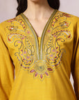V-Neck Cotton Kurta Set with Paisley Embroidery & Contrast Patch Accents