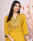 V-Neck Cotton Kurta Set with Paisley Embroidery & Contrast Patch Accents