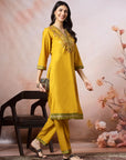 V-Neck Cotton Kurta Set with Paisley Embroidery & Contrast Patch Accents