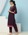 V-Neck Cotton Kurta Set with Paisley Embroidery & Contrast Patch Accents