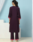 V-Neck Cotton Kurta Set with Paisley Embroidery & Contrast Patch Accents