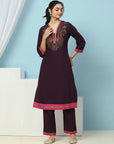 V-Neck Cotton Kurta Set with Paisley Embroidery & Contrast Patch Accents