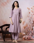 Solid Calf Length A-Line Kurta Set with Embroidery