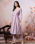 Solid Calf Length A-Line Kurta Set with Embroidery