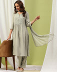 Silk Blend Flared Kurta Set with Tonal Embroidery & Sequin Lace Dupatta