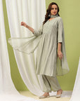 Silk Blend Flared Kurta Set with Tonal Embroidery & Sequin Lace Dupatta