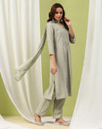 Silk Blend Flared Kurta Set with Tonal Embroidery & Sequin Lace Dupatta