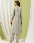 Silk Blend Flared Kurta Set with Tonal Embroidery & Sequin Lace Dupatta