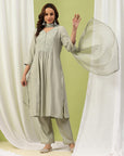 Silk Blend Flared Kurta Set with Tonal Embroidery & Sequin Lace Dupatta