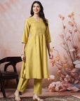 Silk Blend Flared Kurta Set with Tonal Embroidery & Sequin Lace Dupatta