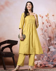 Silk Blend Flared Kurta Set with Tonal Embroidery & Sequin Lace Dupatta