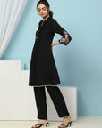 Pleated Crepe Kurta Set with Floral Embroidery & Lace-Hem Palazzo