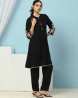 Pleated Crepe Kurta Set with Floral Embroidery & Lace-Hem Palazzo