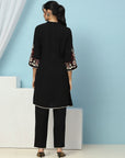 Pleated Crepe Kurta Set with Floral Embroidery & Lace-Hem Palazzo