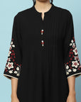 Pleated Crepe Kurta Set with Floral Embroidery & Lace-Hem Palazzo