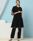 Pleated Crepe Kurta Set with Floral Embroidery & Lace-Hem Palazzo