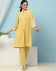 Pleated Crepe Kurta Set with Floral Embroidery & Lace-Hem Palazzo