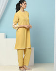 Pleated Crepe Kurta Set with Floral Embroidery & Lace-Hem Palazzo