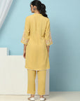 Pleated Crepe Kurta Set with Floral Embroidery & Lace-Hem Palazzo