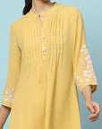 Pleated Crepe Kurta Set with Floral Embroidery & Lace-Hem Palazzo