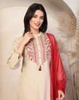 Ari Embroidered Cotton Linen Kurta Set with Lace-Edged Dupatta