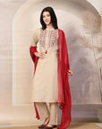 Ari Embroidered Cotton Linen Kurta Set with Lace-Edged Dupatta
